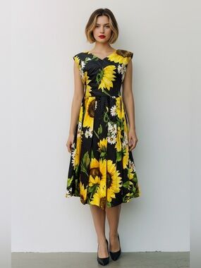 Dolce & Gabbana Black Sunflower Print Midi Dress